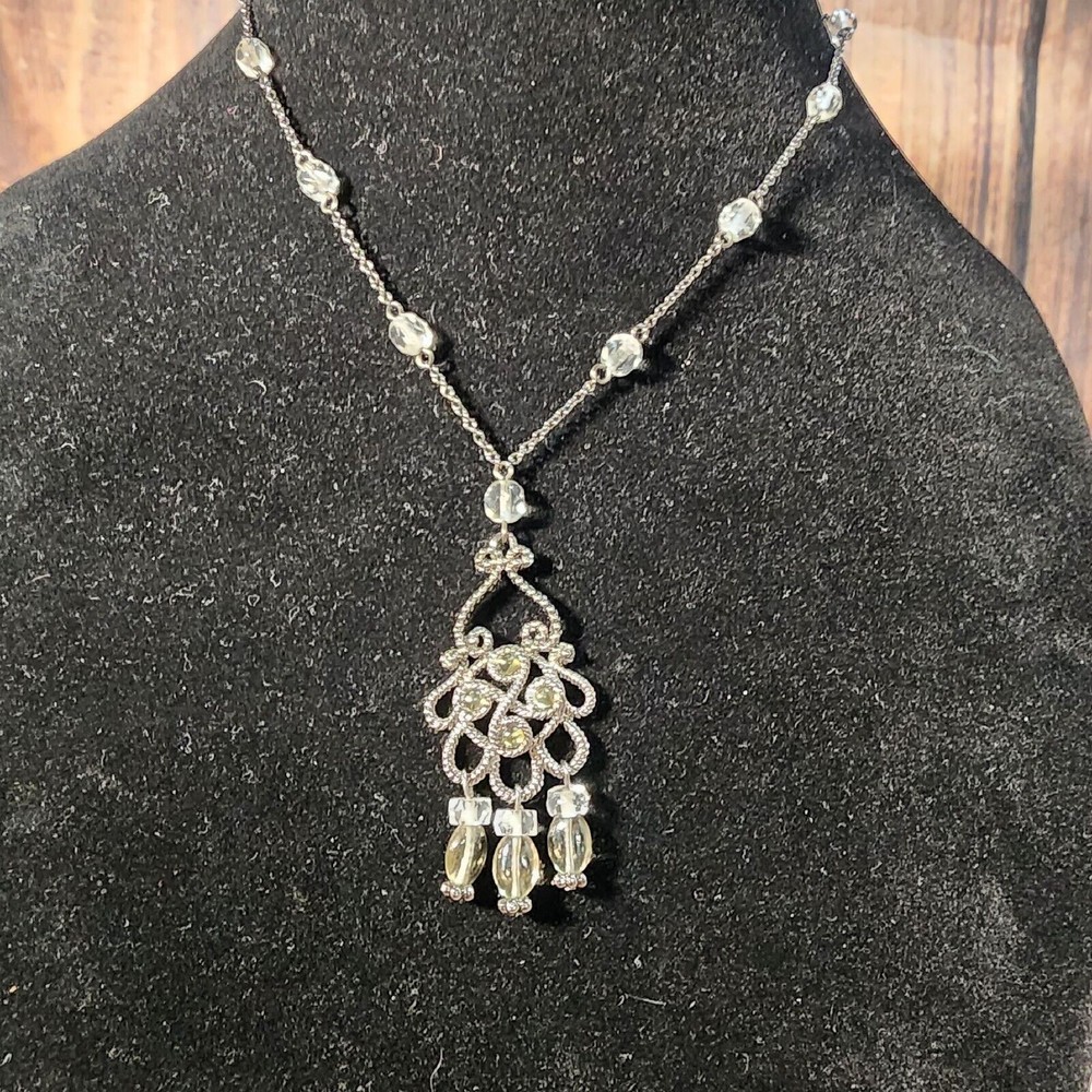 Nine West Necklace Gunmetal Clear Faceted Lucite Crystal Dainty Pendant 3 Drops